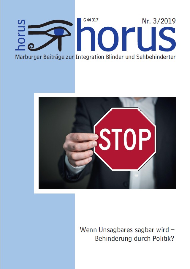 Titelseite horus 3-2019: Foto Stopschild zum Schwerpunkt "Behinderung durch Politik?"