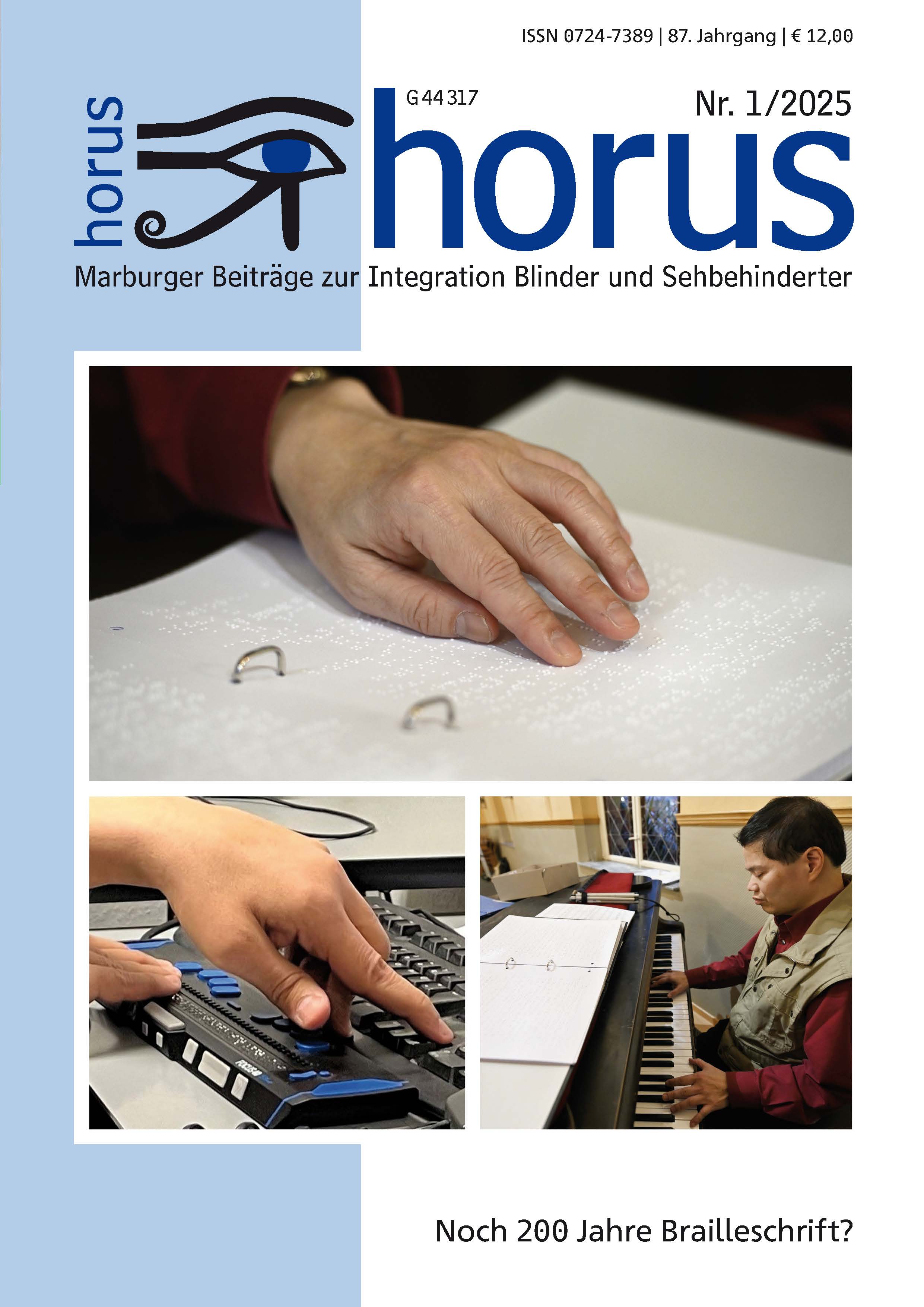 Bildcollage. Oben: Finger gleiten über Braillenoten auf Papier in einem Ordner. Unten rechts: Ein blinder Teilnehmer des DVBS-Musikseminars spielt Flügel, Noten und Langstock liegen auf dem Deckel. Unten links: Hände bedienen eine Braillezeile. Fotos: DVBS/DVBS/blista