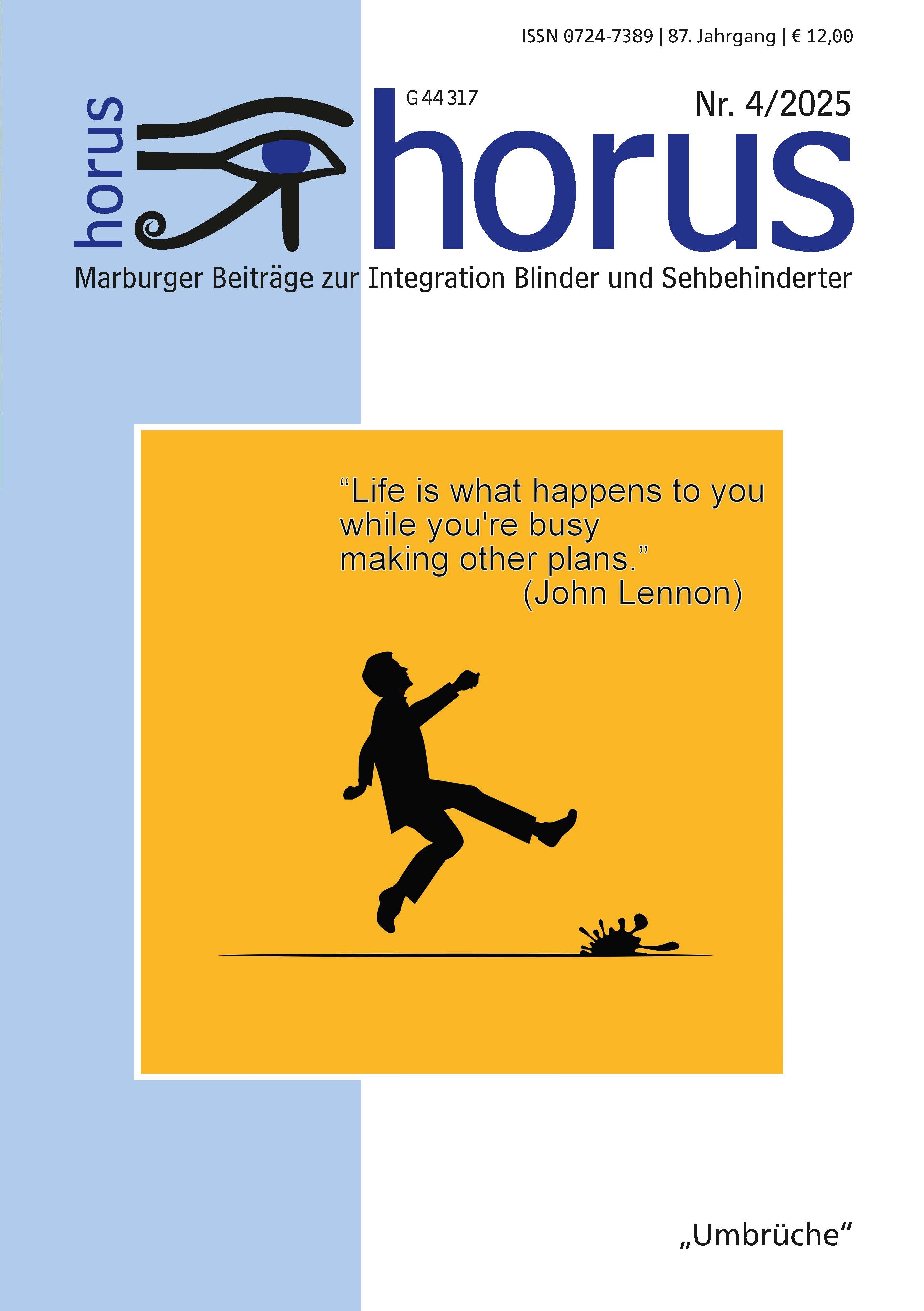 Schwarze Grafik auf gelbem Grund: Ein Mann rutscht aus, beide Beine in der Luft. Vor ihm liegt die Sturzursache, ein mehrarmiger Klumpen. Rechts oben ein Song-Zitat von John Lennon: „Life is what happens to you while you’re busy making other plans.” Grafik ohne Zitat: pixabay / Mohamed Hassan